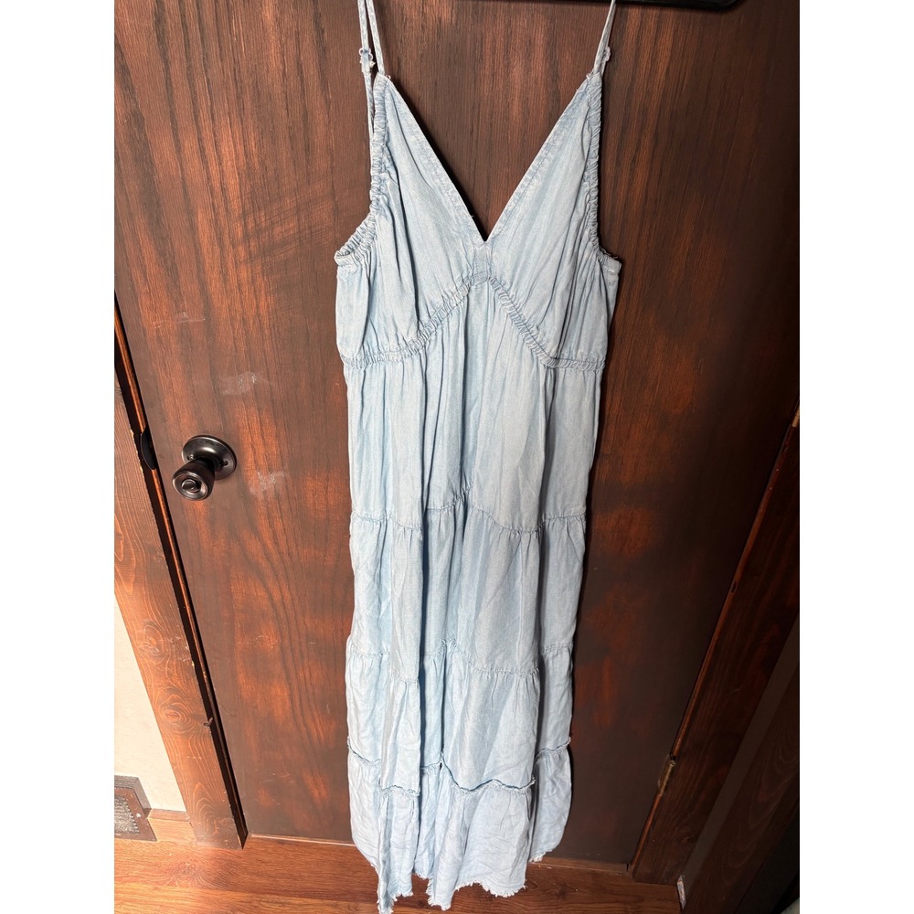KUT from the Kloth Blue Tencel Tiered Maxi Dress Light Wash Raw Hem Medium